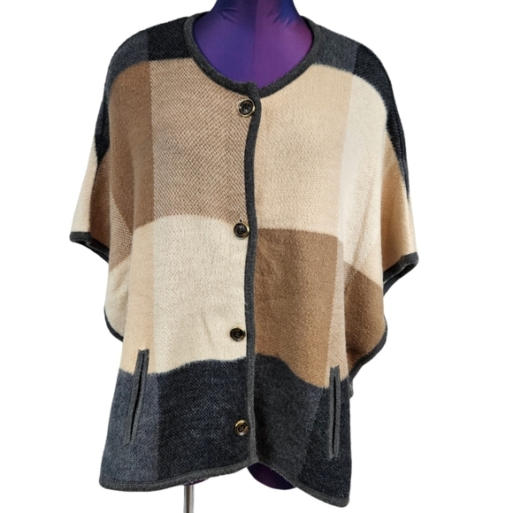 Michael Kors Neutral Wool Blend Colorblock Knit Poncho Size Small Women's‎ A88 - Picture 1 of 8